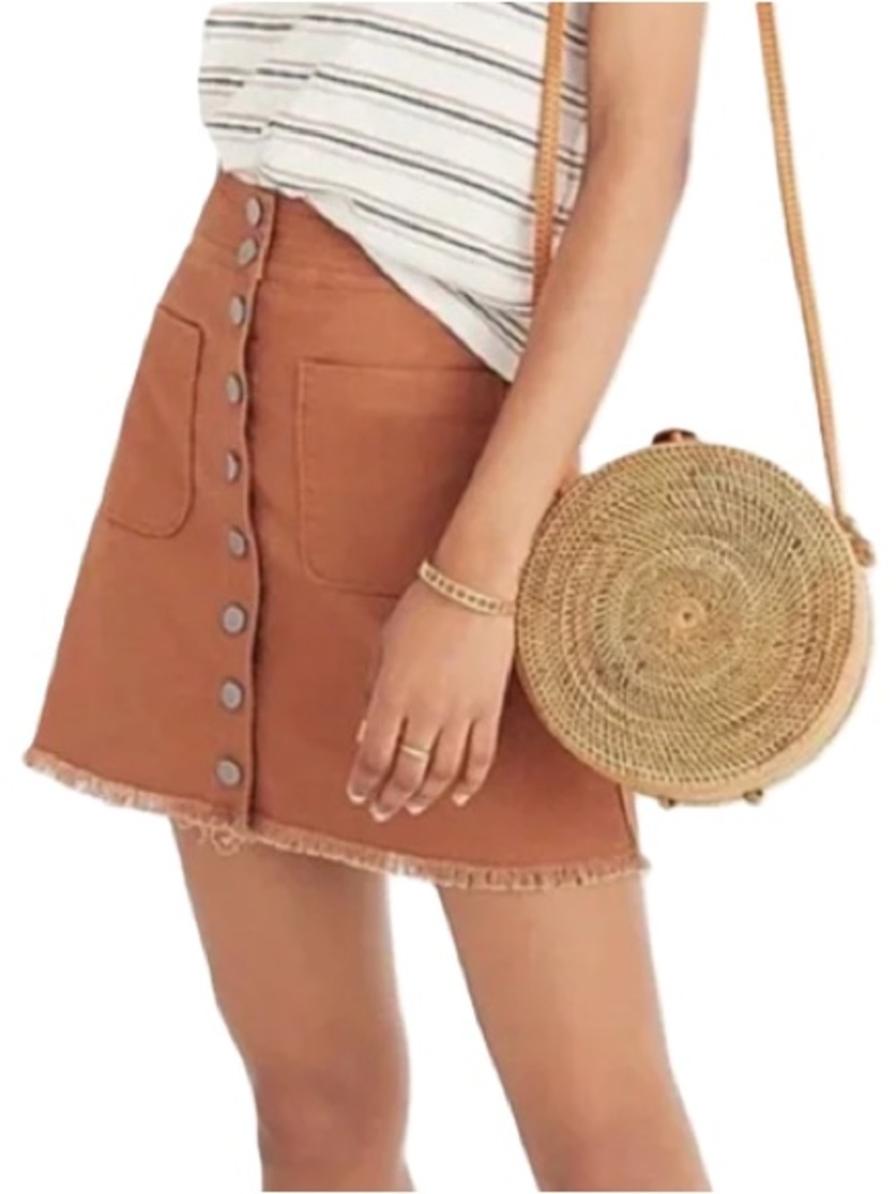 Madewell Snap Button A-Line Raw Hem Mini Skirt in Burnt Sienna